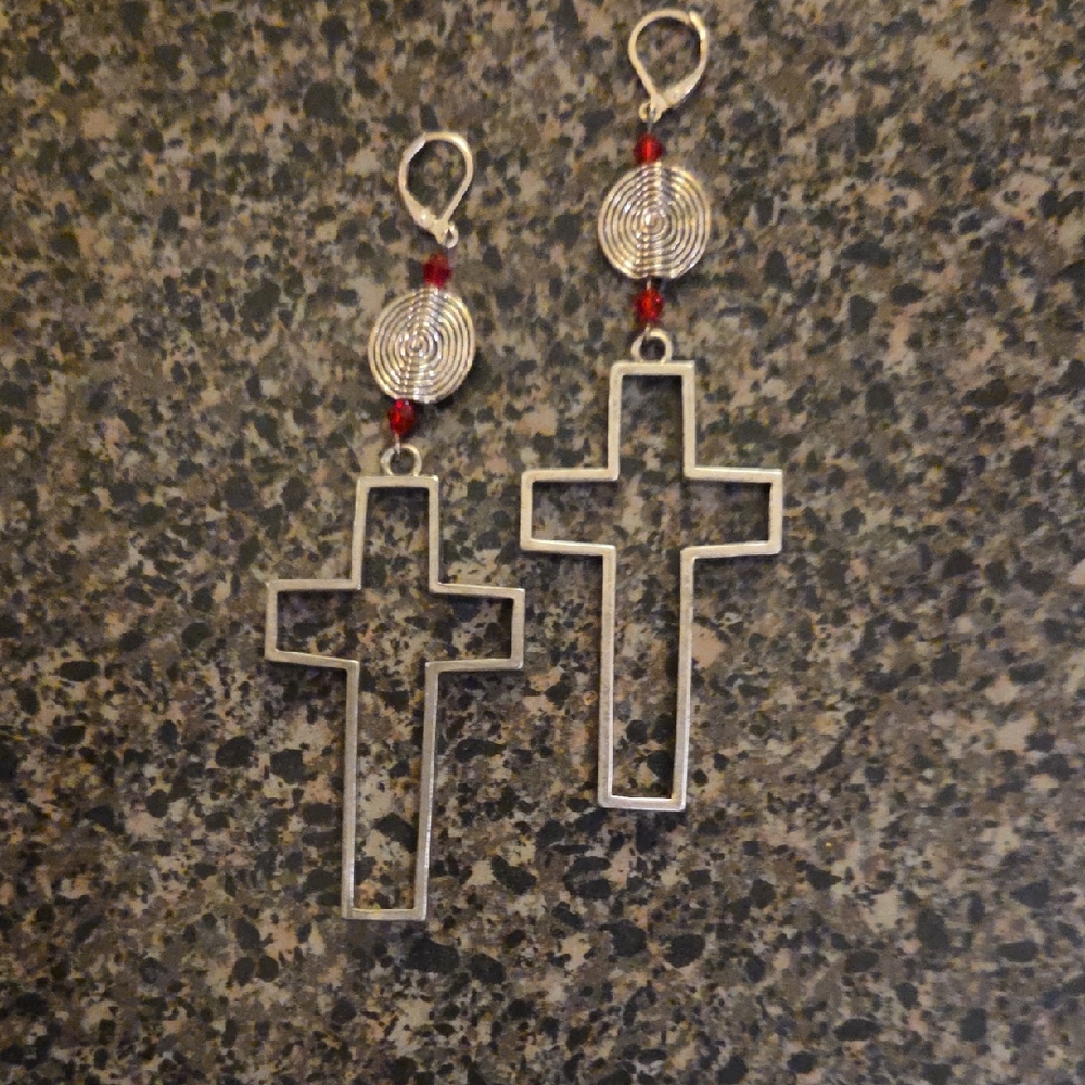 Silver and Red Cross Drop Earrings- Purchase Any 3 Pair For $25